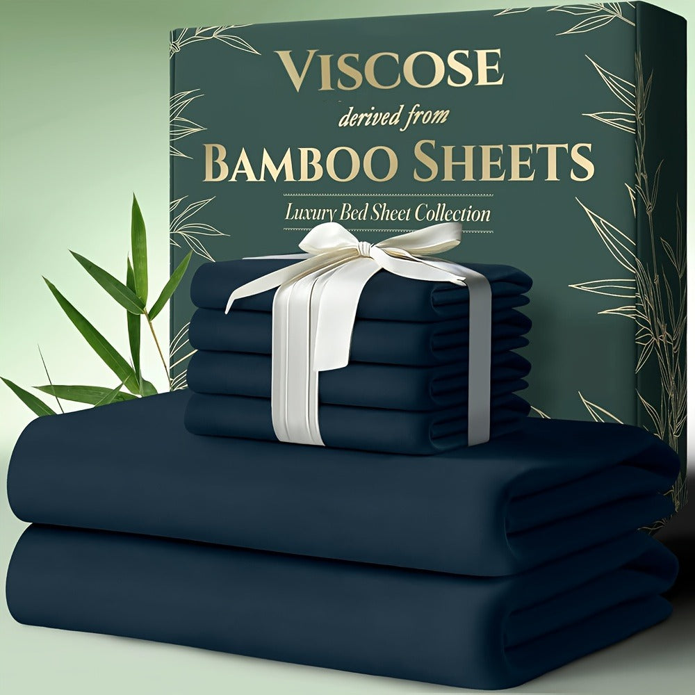Cooling Bamboo Bed Sheet Set 6pcs Ultra Soft Deep Pocket 17 Inch Double Stitching Breathable Sheets for Hot Sleepers Twin Full Queen King