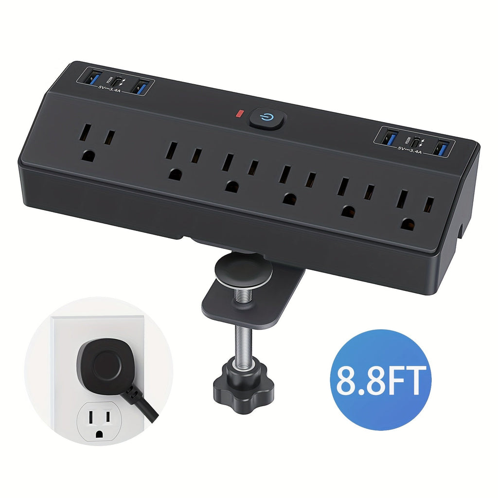 Desk Clamp Power Strip 12-in-1 Surge Protector with 6 Outlets 4 USB-A 2 USB-C PD 20W 40W Fast Charging Desktop Mount Flat Plug for Home Office Tabletop