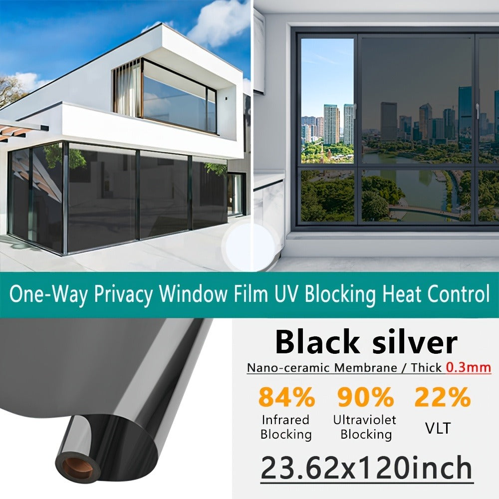 One Way Privacy Window Film Static Cling No Glue - Heat Control Anti-Glare Sun Blocking Reflective Mirror Tint for Home Office Hotel, Nano Ceramic 5Mil PVC, Easy Install Removable Window Privacy Film