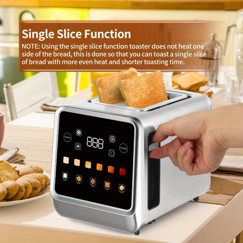 Digital Touch Screen Toaster 2 Slice Stainless Steel with 5 Bread Functions 7 Shade Settings Bagel Defrost Reheat Cancel Removable Crumb Tray LED Display Kitchen Toaster