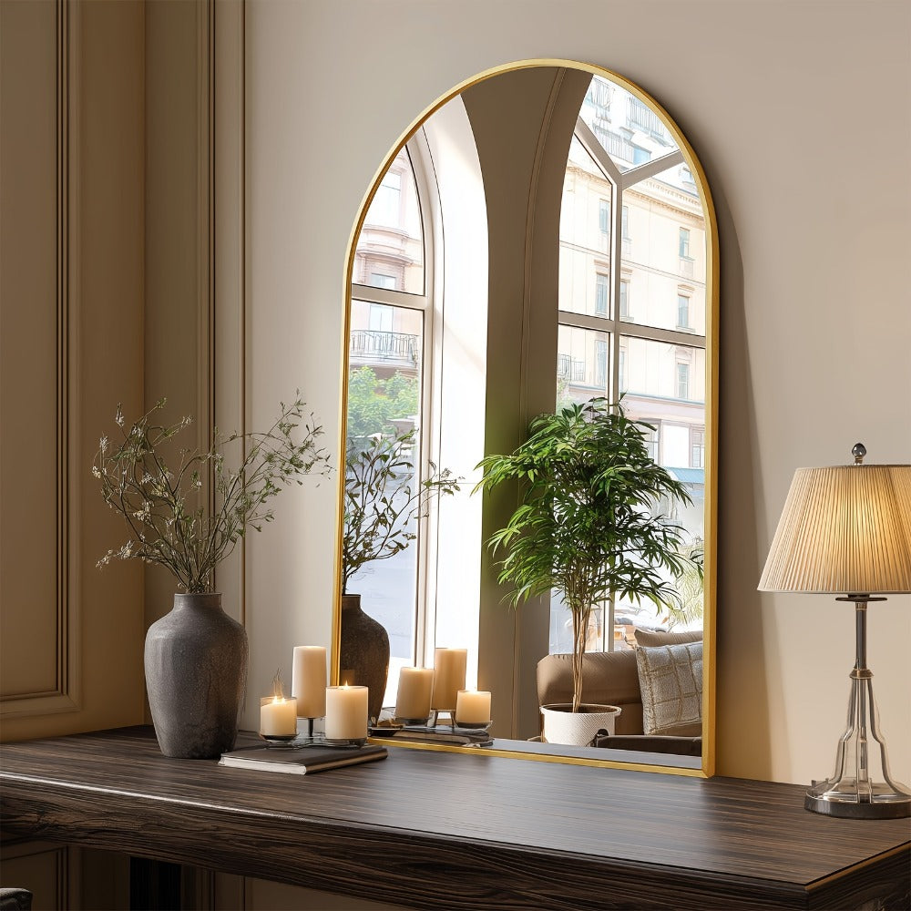 Arched Bathroom Mirror Metal Frame Wall Mounted Vanity Mirror Golden Black