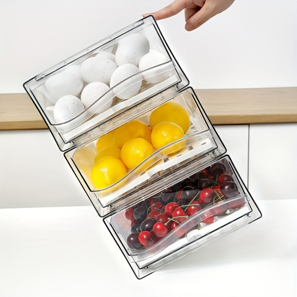 Stackable Fridge Organizer Bins with Drawer, BPA-Free Refrigerator Storage Containers with Drain Board & Ventilation, Clear Food Storage Bins for Kitchen Pantry Freezer, Set of 2