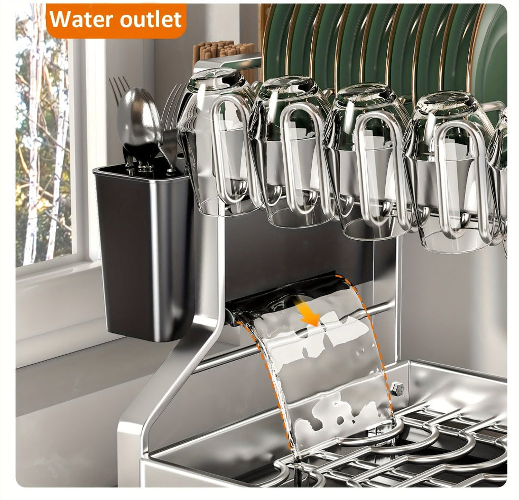 Stainless Steel 2-Tier Dish Rack with Auto Drainage | Rust-Resistant Kitchen Drying Rack for Dishes, Bowls, Cups & Utensils