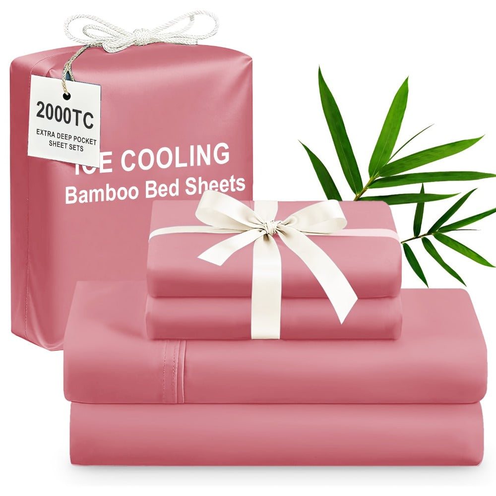Bamboo Cooling Bed Sheet Set 4pcs Extra Deep Pocket Breathable Fitted Sheet Flat Sheet Pillowcases for Hot Sleepers Twin Full Queen King