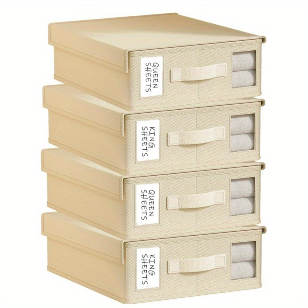 Bed Sheet Storage Organizer Boxes 4-Pack Foldable Fabric Bins with Clear Window & Label, Closet Bedding Storage Box for Sheets Duvet Covers Blankets Pillowcases, Oxford or Non-Woven, Grey Beige