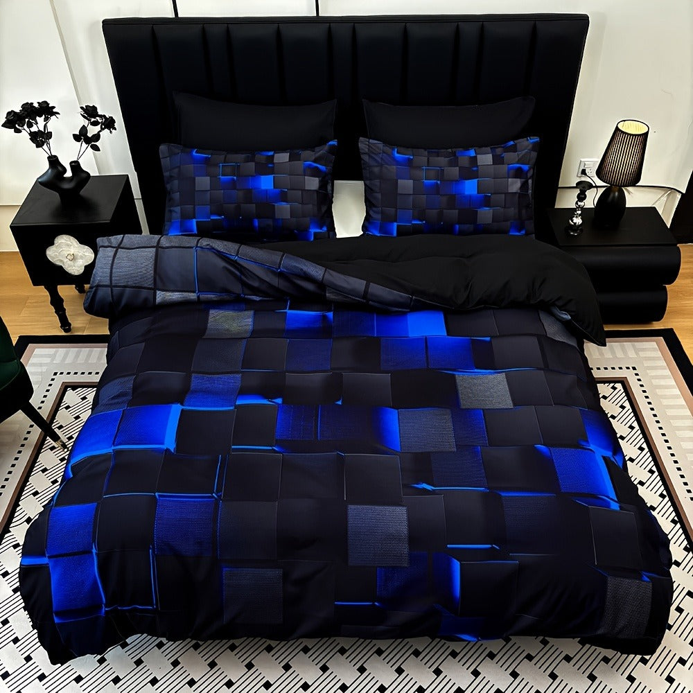 Duvet Cover Set 3 Piece Plaid Digital Print Polyester Bedding All Season Twin Full Queen King Size with Pillowcases Purple Blue Red