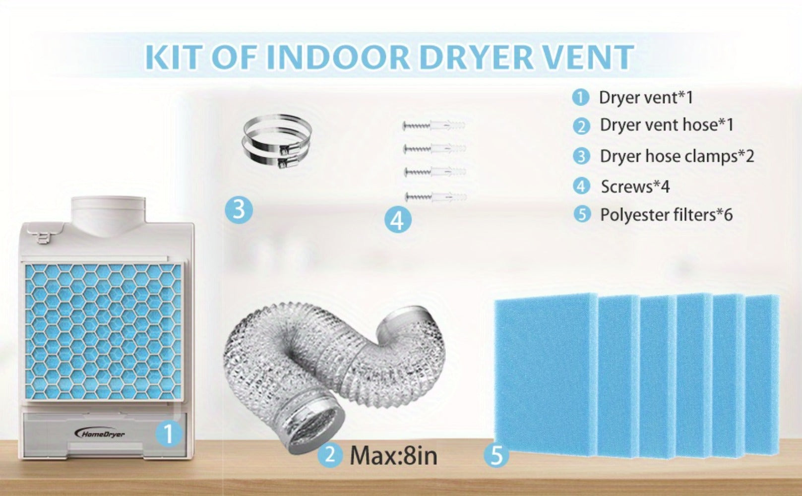 Indoor Dryer Vent Kit 3-in-1 Lint Trap Filter Box Stainless Steel Screen 6 Polyester Filters Reusable Washable Reduces Moisture Prevents Mold for Electric Clothes Dryers