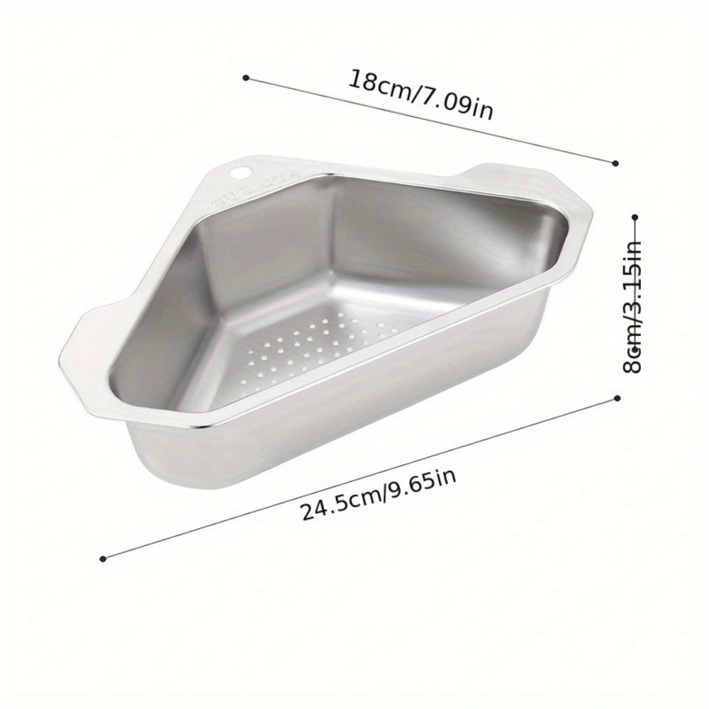 Kitchen Drain Strainer Basket 304 Stainless Steel Triangular Corner Sink Filter ¨C Food Scrap & Leftover Catcher for Kitchen Sink & Wash Basin, Rust-Proof Easy Clean Drain Basket Silver
