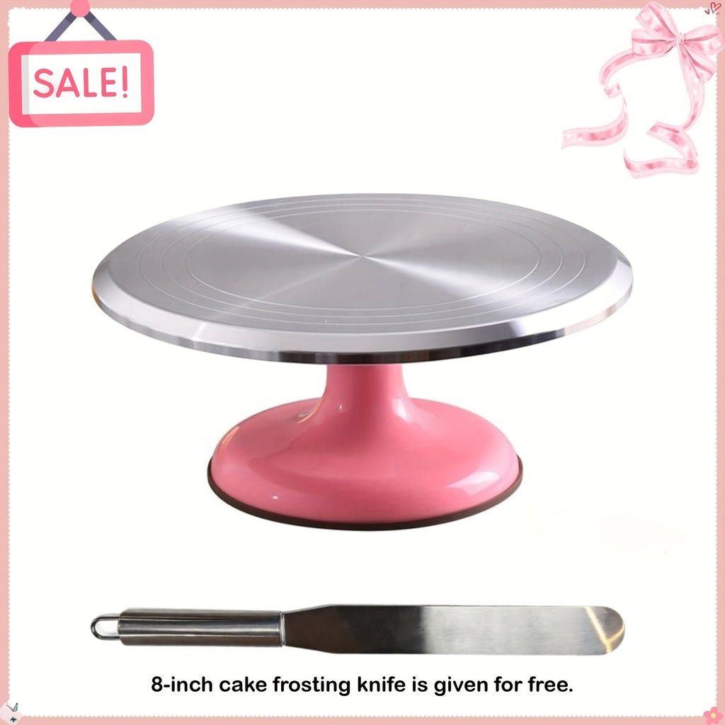 Cake Turntable Stand 10 Inch Aluminum 360 Degree Smooth Rotation with Frosting Spatula - Heavy Duty Rotating Cake Decorating Stand for Baking Birthday Wedding Holiday Desserts, Non-Slip Base Baking Supplies