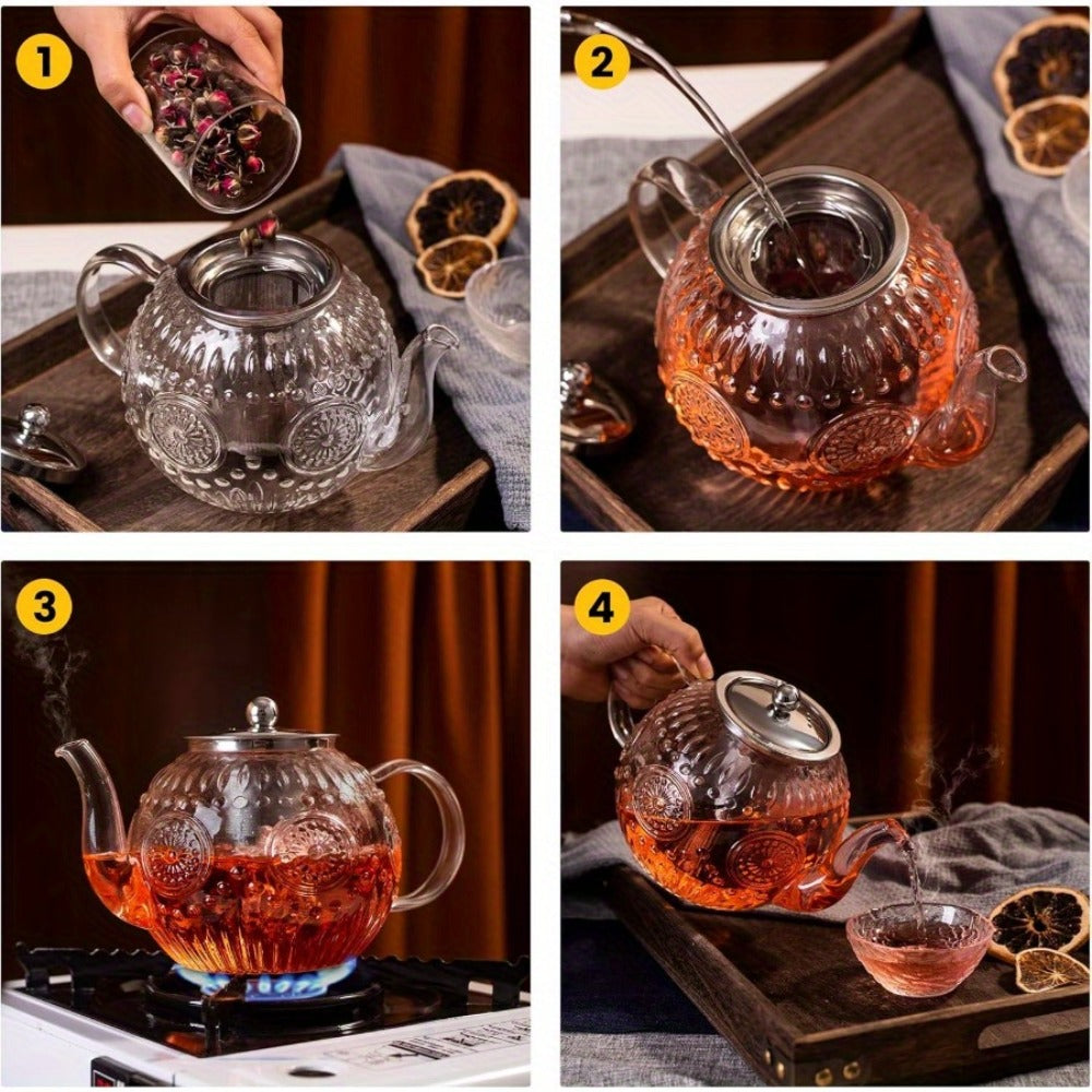 Vintage Glass Teapot 50oz 1500ml with Removable Infuser Stovetop Safe Borosilicate Tea Kettle Elegant Floral Design Durable Easy Clean for Loose Leaf Blooming Tea