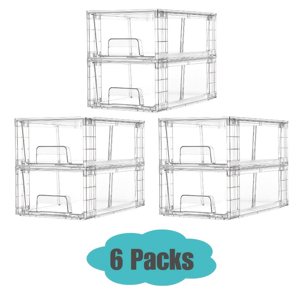 Clear Acrylic Storage Drawers with Handles - Stackable Refrigerator and Pantry Organizer Bins for Snacks Fruits and Vegetables, Food Safe Pull-Out Drawer Bins for Fridge Kitchen Cabinet Under Sink and Bathroom, Available in 4, 6, 8 or 10 Pack