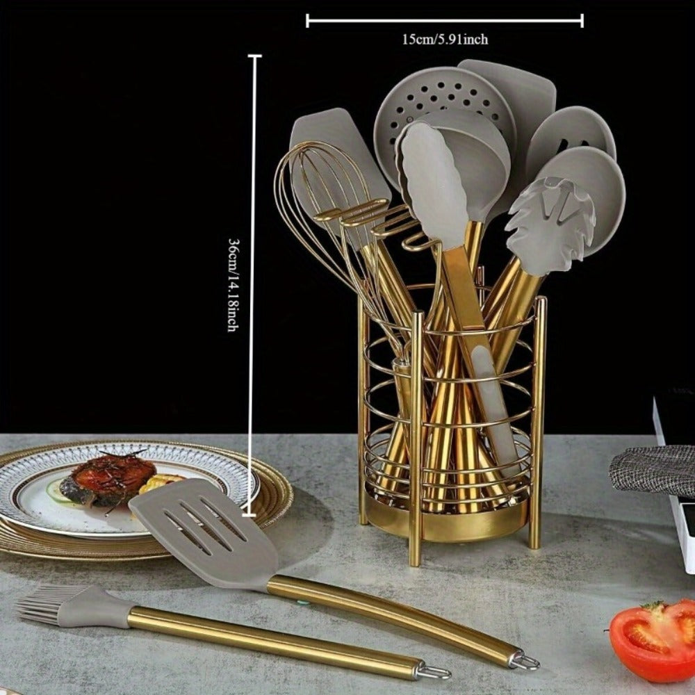 Kitchen Utensil Set 38 Piece Gold Stainless Steel with Silicone Heads Utensil Holder Measuring Cups Spoons Hooks BPA-Free Dishwasher Safe Complete Cooking Tool Set