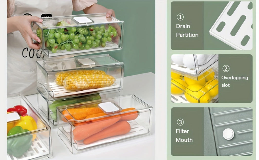 Stackable Fridge Organizer Bins with Drain Board 2 Pack, BPA-Free Refrigerator Drawer Organizer for Produce Fruit Vegetable, Reusable Food Storage Containers for Kitchen