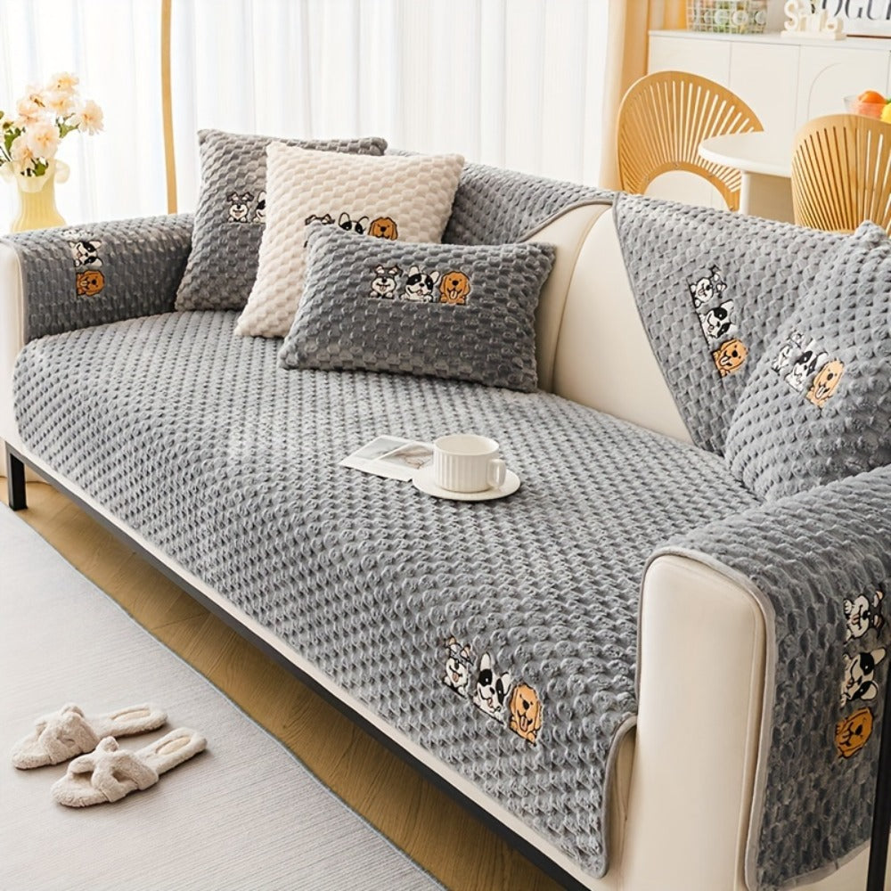 Velvet Sofa Slipcover Honeycomb Texture 1pc - Cute Dog Embroidery Bohemian Style Non-Slip Pet Friendly Machine Washable Polyester Couch Cover | Gray Khaki White | 2 3 4 Seat Living Room Home Decor