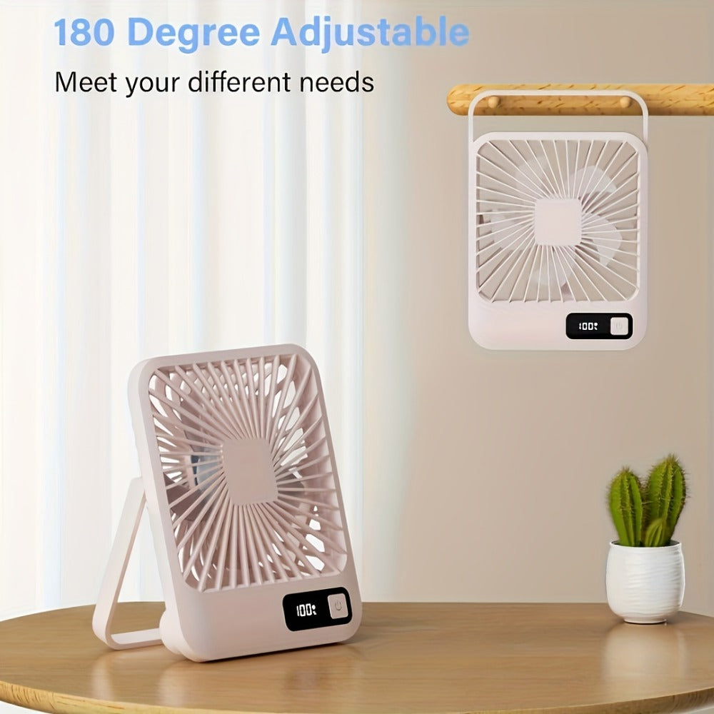 Mini Desktop Fan Square Design | Ultra-Quiet 5-Speed USB Rechargeable 1800mAh Portable Cooling Fan for Home, Office, Car & Travel ¨C Compact Lightweight Personal Desk Fan, White & Pink