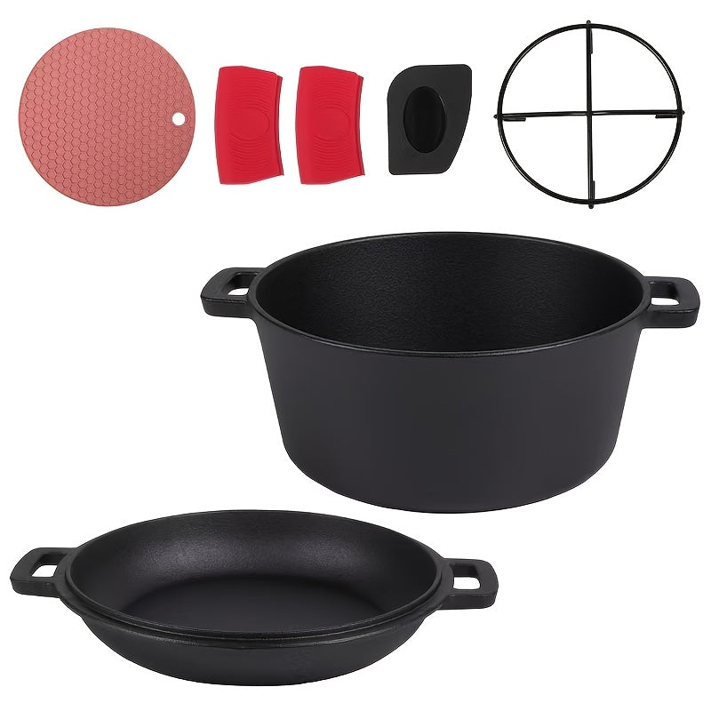 Cast Iron Dutch Oven Set 5.1QT & 7QT with Skillet Lid ¨C Pre-Seasoned 2-in-1 Cookware for Stovetop, Induction, Oven, Campfire & BBQ, Sourdough Bread Baking, Frying, Camping