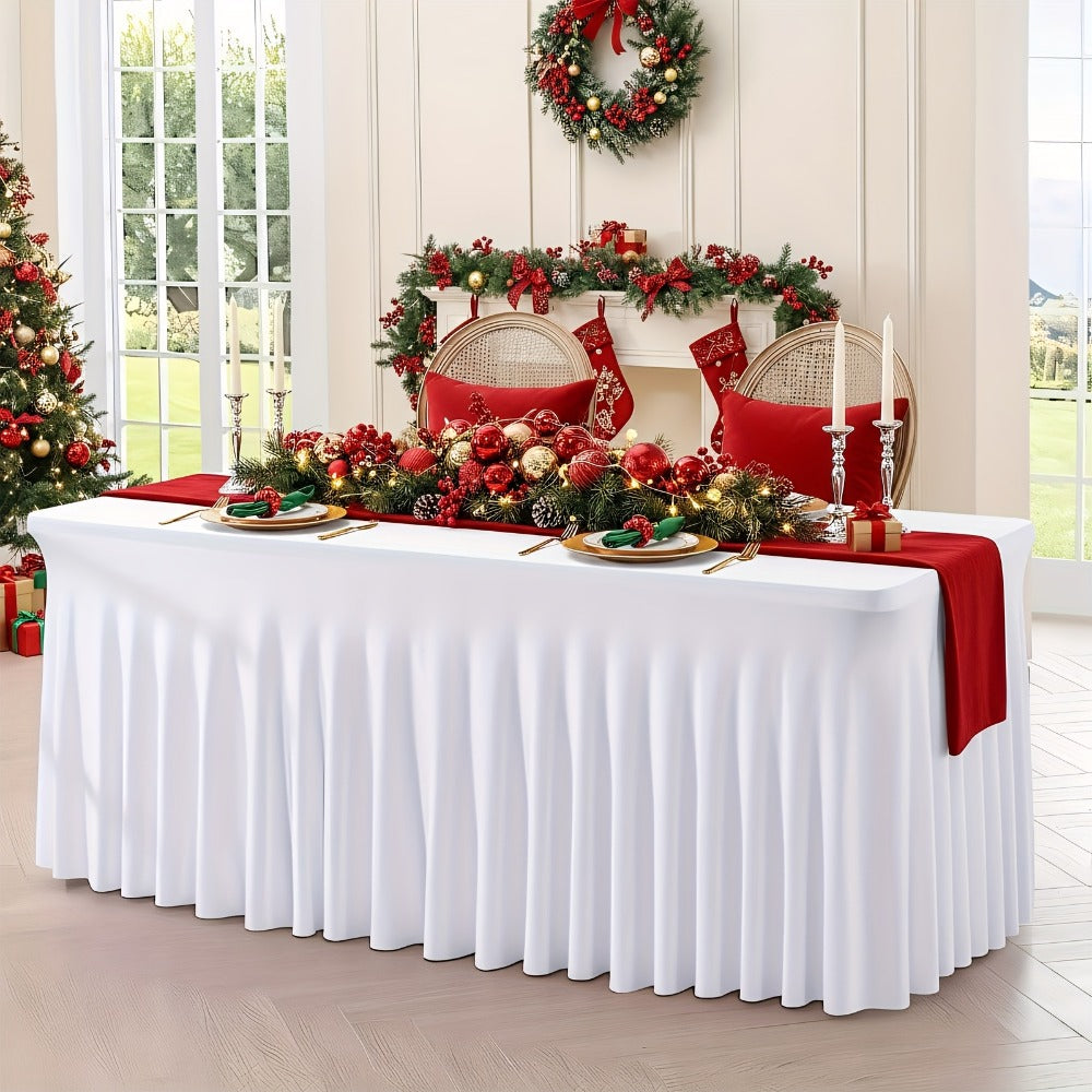 Spandex Table Skirt for Rectangle Tables 6ft, Black White Stretch Table Cover for Events Weddings Banquets, Washable Wrinkle Resistant