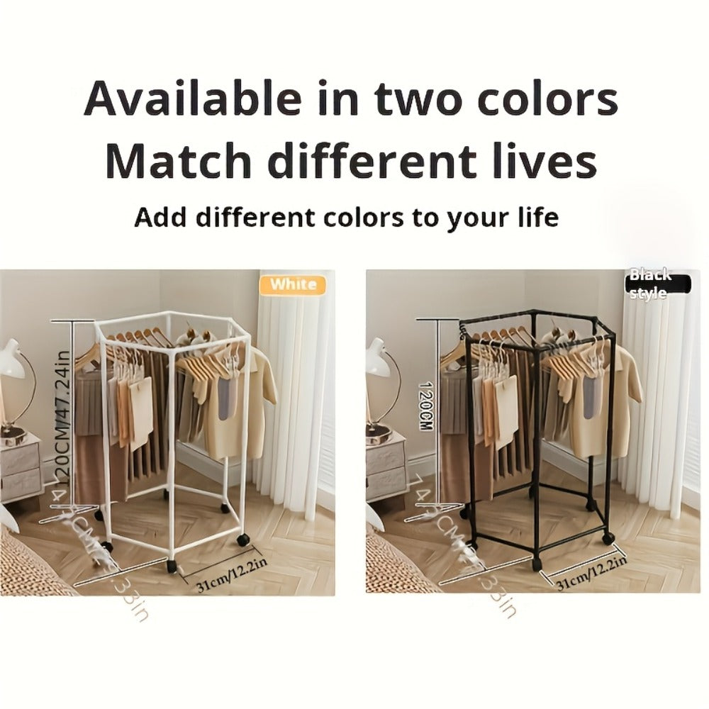 Rotating Clothes Rack Freestanding Vertical Clothing Hanging Rack Space Saving Laundry Rack with Mesh Bag Black White Rotatable Garment Rack for Small Apartment Bedroom Closet