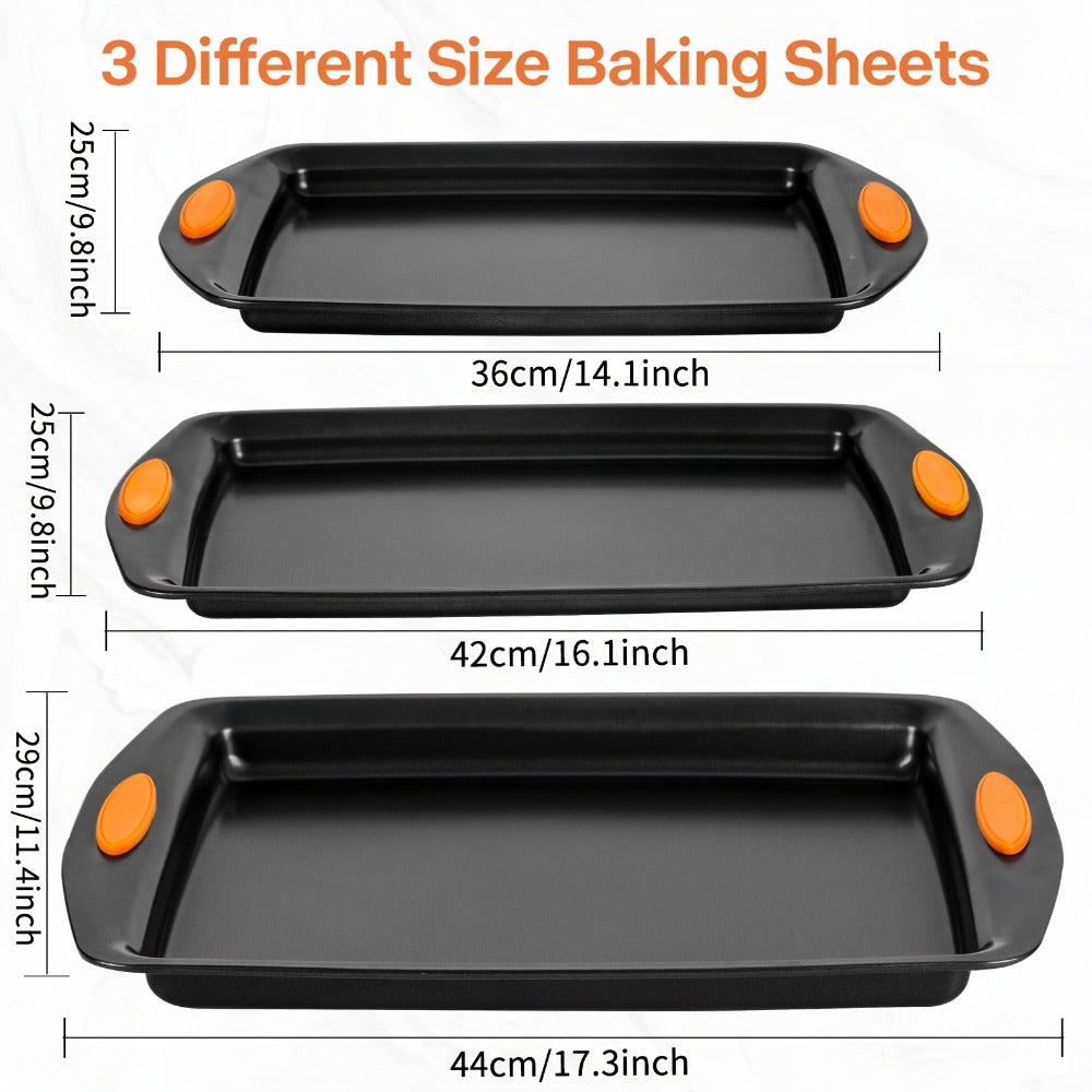 Nonstick Baking Sheet Set with Silicone Handles, Carbon Steel Cookie Sheet Pan Set in Assorted Sizes, Stackable Bakeware for Baking Roasting, Heavy Duty Oven Pans with Orange Handles, 2-Piece or 6-Piece