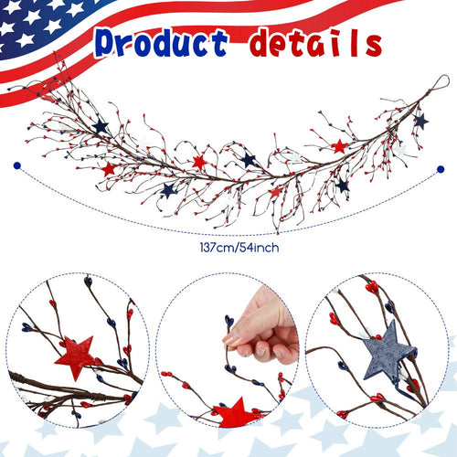 4th of July Garland with Fairy Lights 4.5Ft Patriotic Red White Blue Garland with 30 LED Lights Metal Stars Berry Branches Independence Day Door Decor Mantle Wreath Ornament