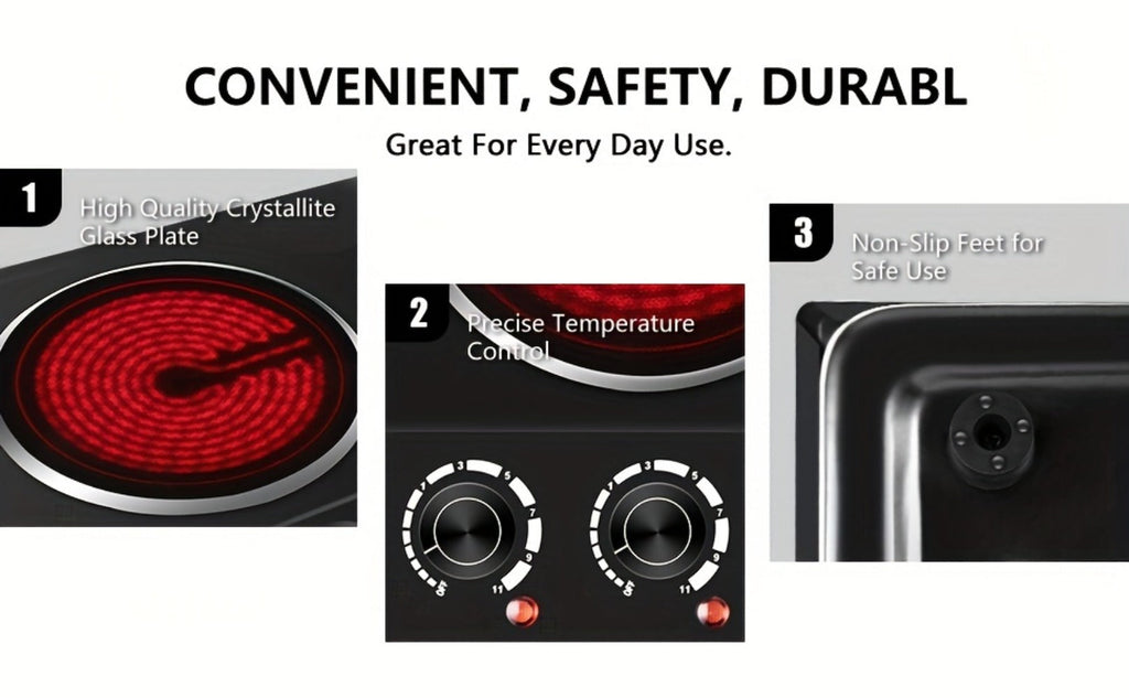 Electric Infrared Cooktop Double Burner Hot Plate ¨C 1800W Portable Dual Temperature Control, Easy-Clean Smooth Surface, Countertop Infrared Stove for Home Kitchen & Dorm, Black or Silver