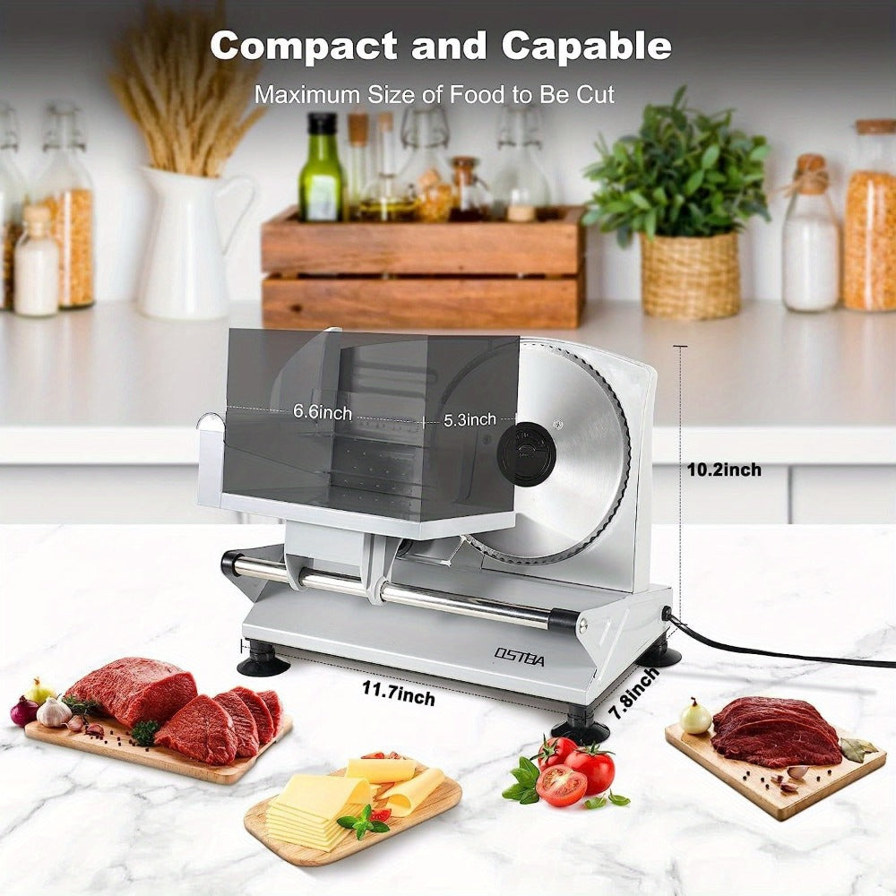 Electric Meat Slicer for Home Use ¨C Deli Food Slicer with 2 Removable Stainless Steel Blades, Adjustable Thickness, Food Carriage for Meat, Cheese & Bread