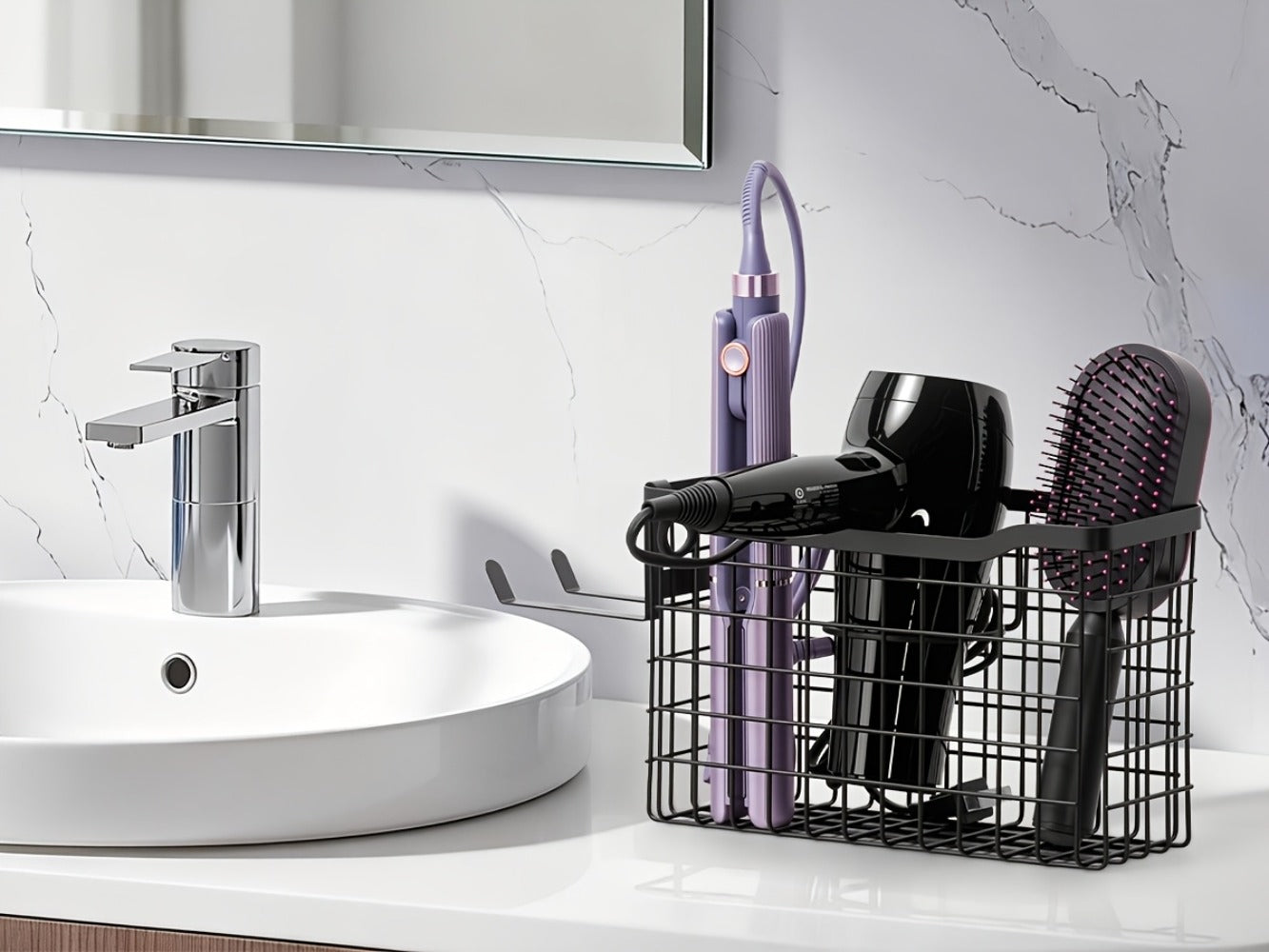 Hair Tool Organizer Wall Mounted Holder for Hair Dryer Curling Iron Straightener 3 Adjustable Heights Bathroom Storage