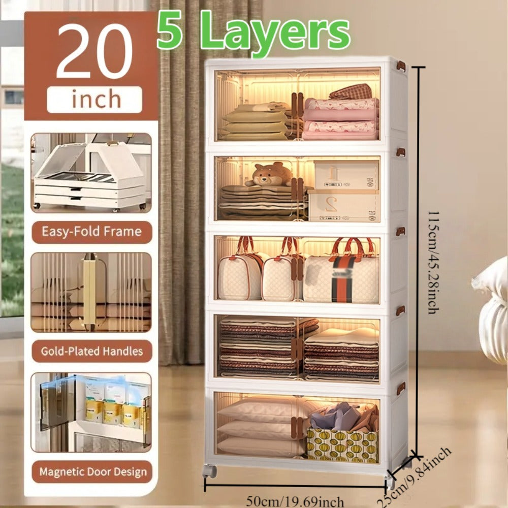 Folding Storage Cabinet 1-6 Tier Collapsible Stackable Organizer with Wheels and Lids - Extra Large Foldable Storage Locker for Closet Bedroom Office Kitchen 50CM Wide