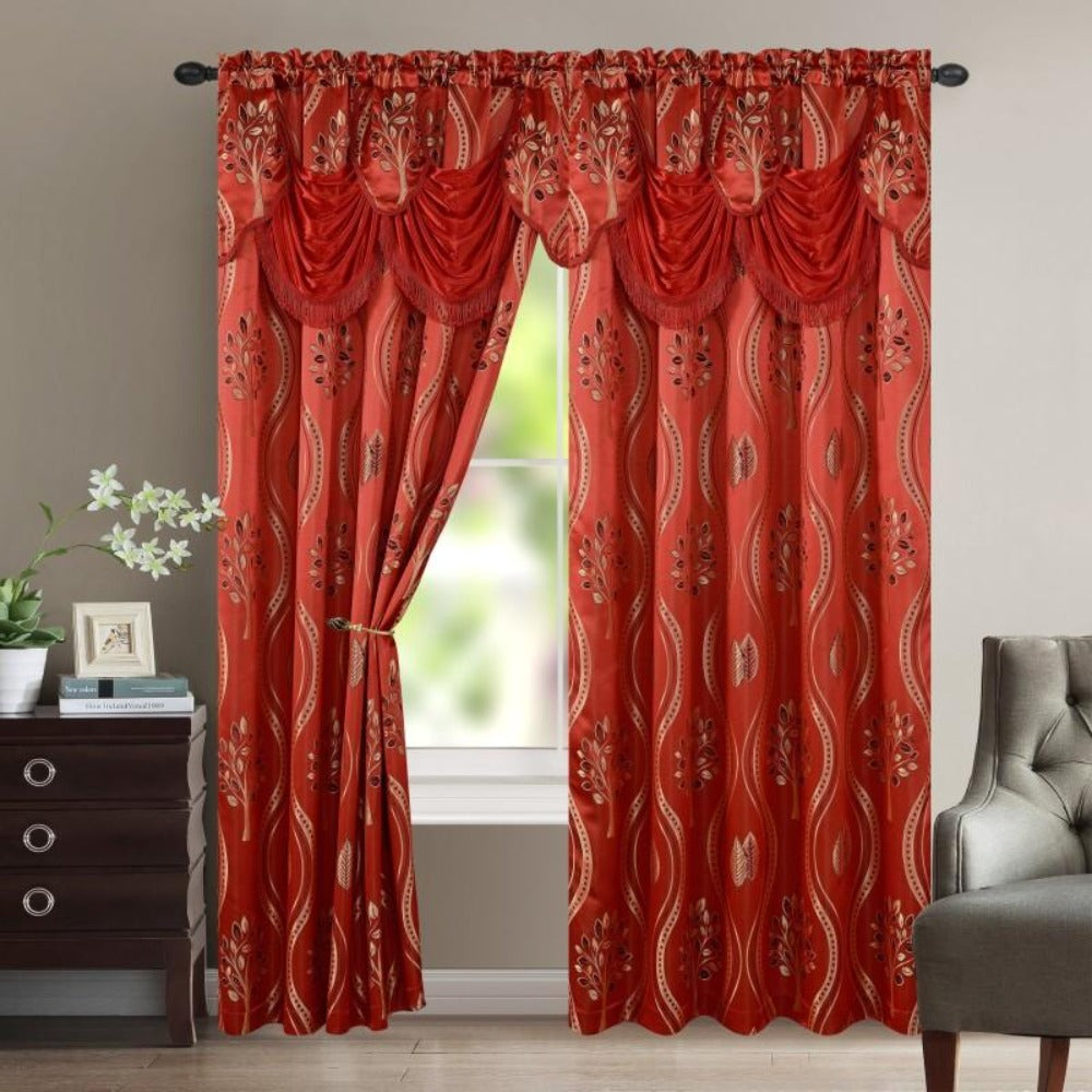 Blackout Curtains 2 Panels 54x84 Inch | Jacquard Room Darkening Rod Pocket Curtain Set with Attached Waterfall Valance | Machine Washable Window Drapes for Living Room Bedroom Home Office Study