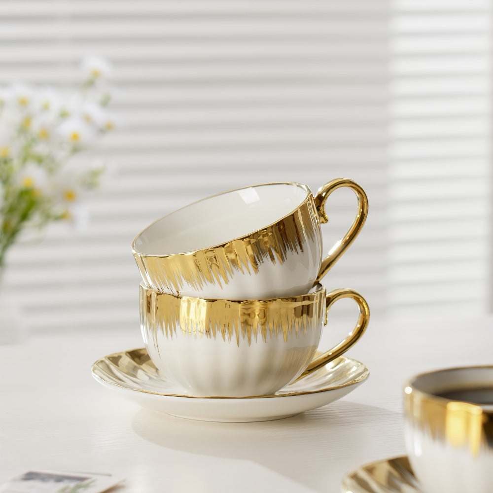 European Ceramic Coffee Cup and Saucer Set of 6 ¨C Light Luxury 8.45oz Porcelain Tea Cups with Plates | Elegant Floral Dinnerware for Wedding Mother's Day Holiday Gift