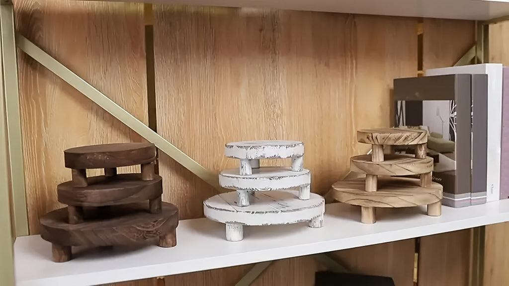 Wooden Display Riser Stands 3pcs Set Rustic Multi-Tier Cake Stand with Sleek Legs - Natural Wood Finish Decorative Organizer for Home Decor Tiered Tray Shelf Tabletop