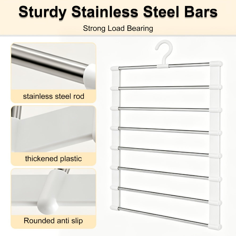 Pants Hangers Foldable Multi-Layer Stainless Steel | Non-Slip Space Saving Closet Organizer for Jeans Leggings Scarves Trousers | 4 or 8 Pack Clothes Rack Hanger