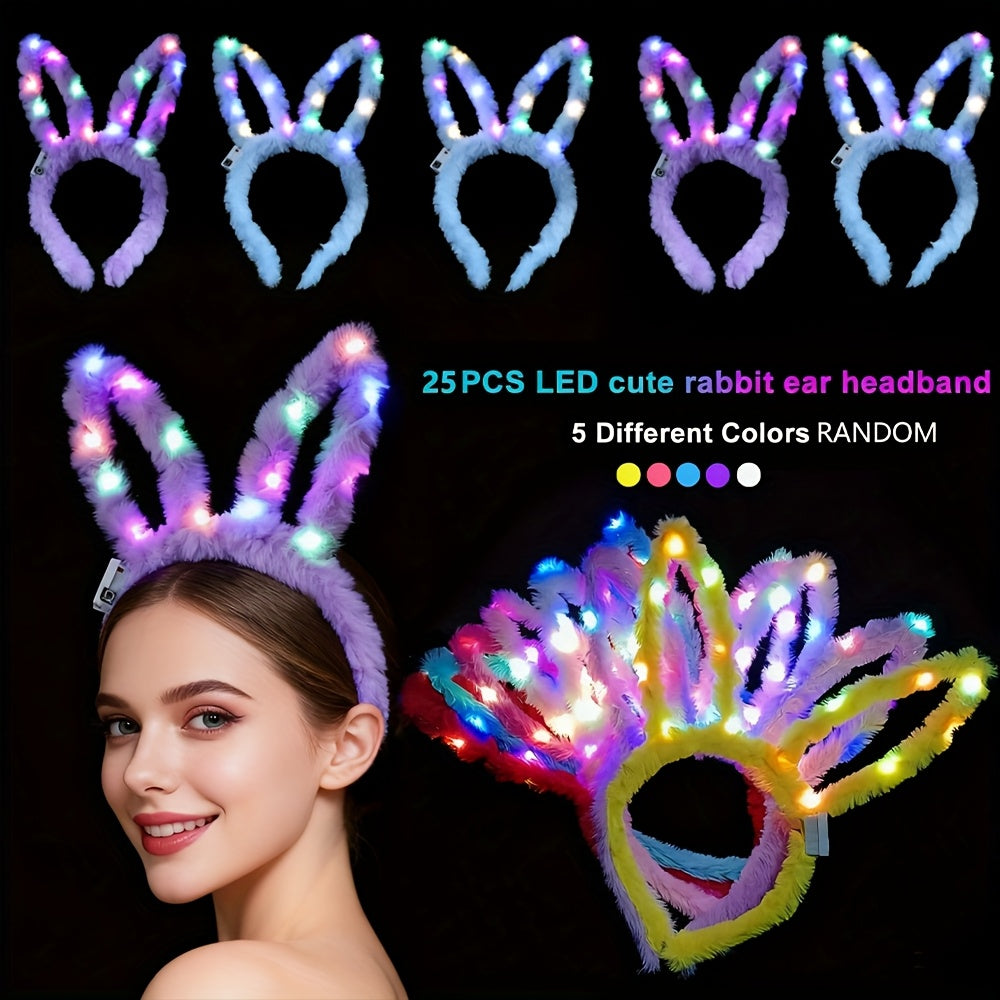 LED Bunny Ear Headbands 25-Pack | Glowing Light Up Rabbit Ears with 3 Flashing Modes for Party Halloween Christmas Weddings Concerts Cosplay Photo Props Unisex Adult