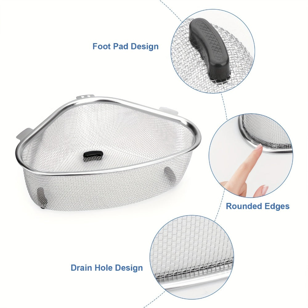 Stainless Steel Sink Strainer Basket 304 Grade Triangular Space-Saving Design ¨C Dual-Use Stand & Hang, Mesh Filter for Food Waste & Clog Prevention, Kitchen & RV Drain Basket 8.6¡Á6.1¡Á3.1 Inch