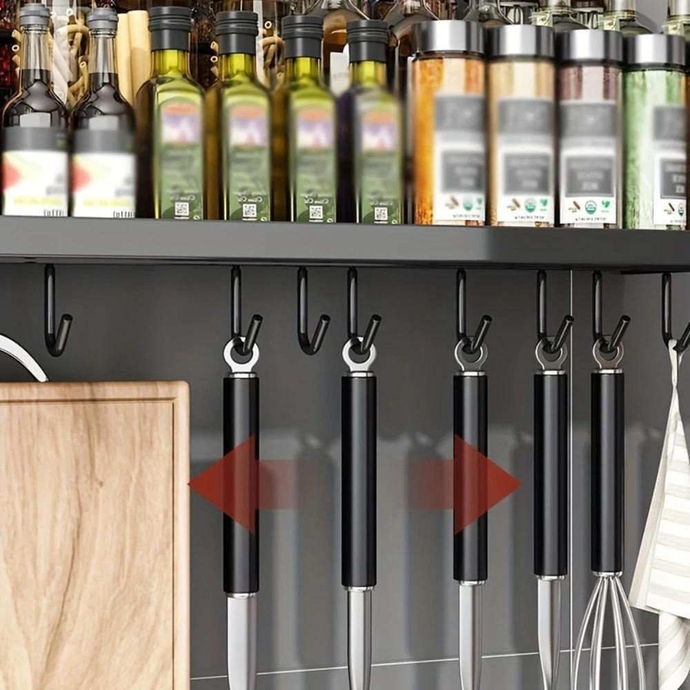Kitchen Wall Mounted Storage Rack Double Layer ¨C No-Drill Organizer with Knife Slots, Chopstick Holder & Towel Bar, Space-Saving Floating Shelf for Kitchen Counter, 19.69 Inch (Black)