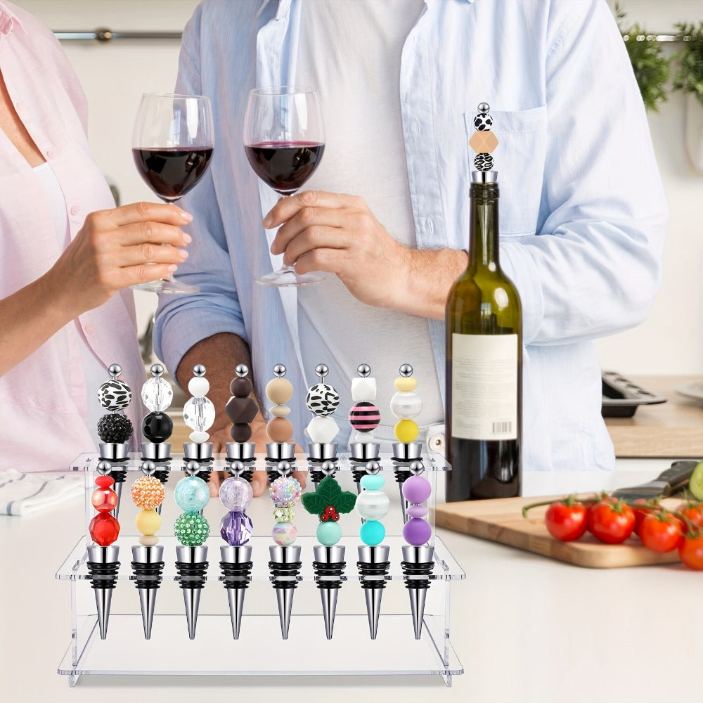 Beadable Wine Bottle Stoppers Set of 20 with 16-Slot Clear Acrylic 2-Tier Display Stand Rack - DIY Customizable Wine Stoppers Holder for Countertop, Wine Bar Decor, Gifts for Wine Lovers