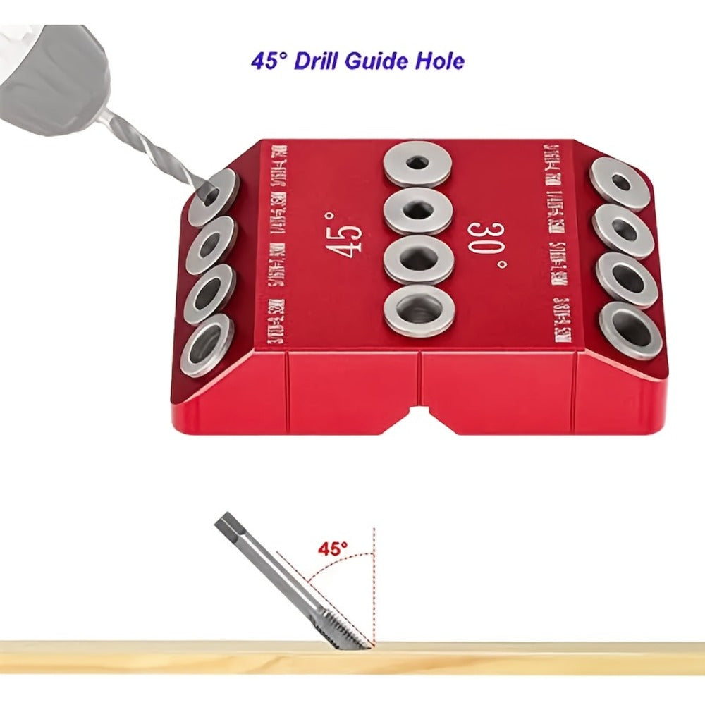 Multi-Angle Drill Guide Jig 30 45 90 Degree All-Metal for Cable Railing Lag Screw Installation Deck Stair Handrail Post Hole Drilling Precise Railing Setup Tool Red