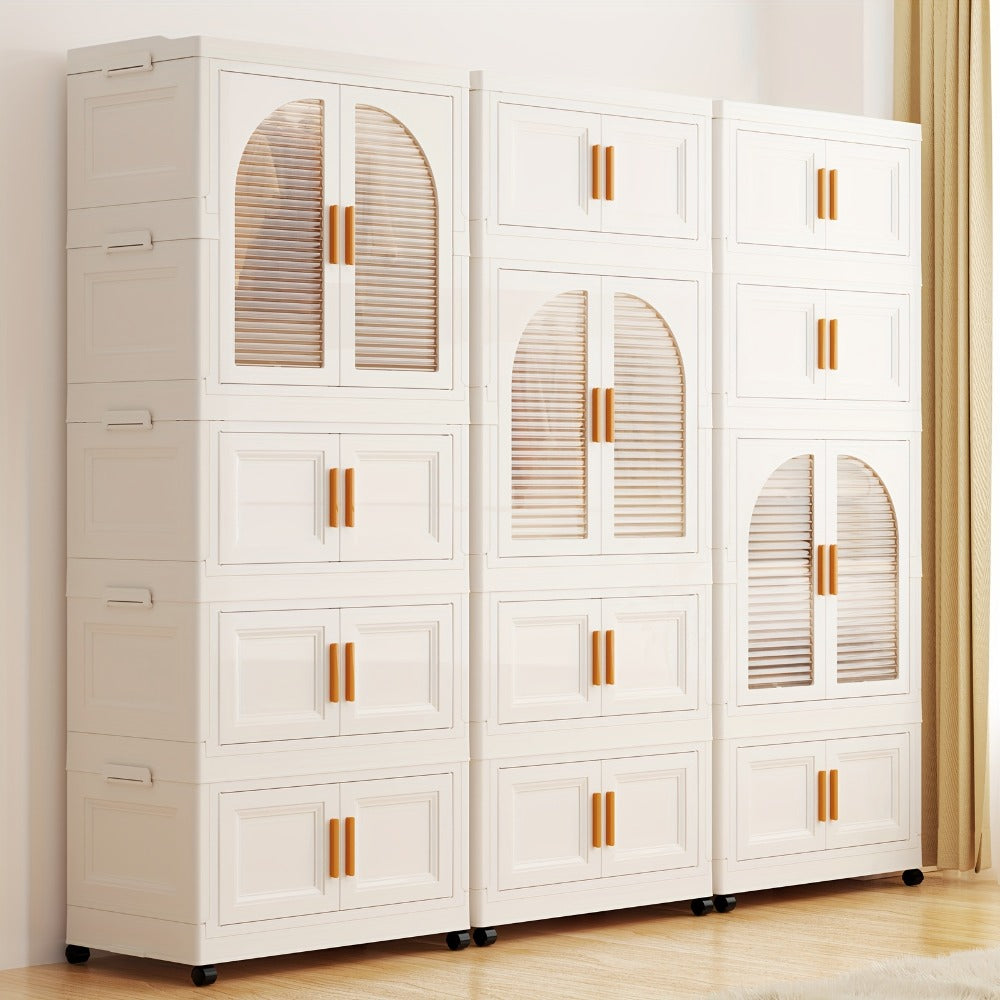 Folding Wardrobe Storage Cabinet on Wheels with Magnetic Door, Hanging Rod & Shelves ¨C 25.6¡± Wide Portable Closet Organizer