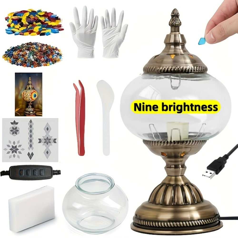 DIY Turkish Moroccan Mosaic Lamp Kit Handmade Glass Metal Brass Dimmable Bohemian Table Light for Bedroom Living Room Office Vintage Boho Decor Gift Multiple Colors 3-Color Adjustable Option