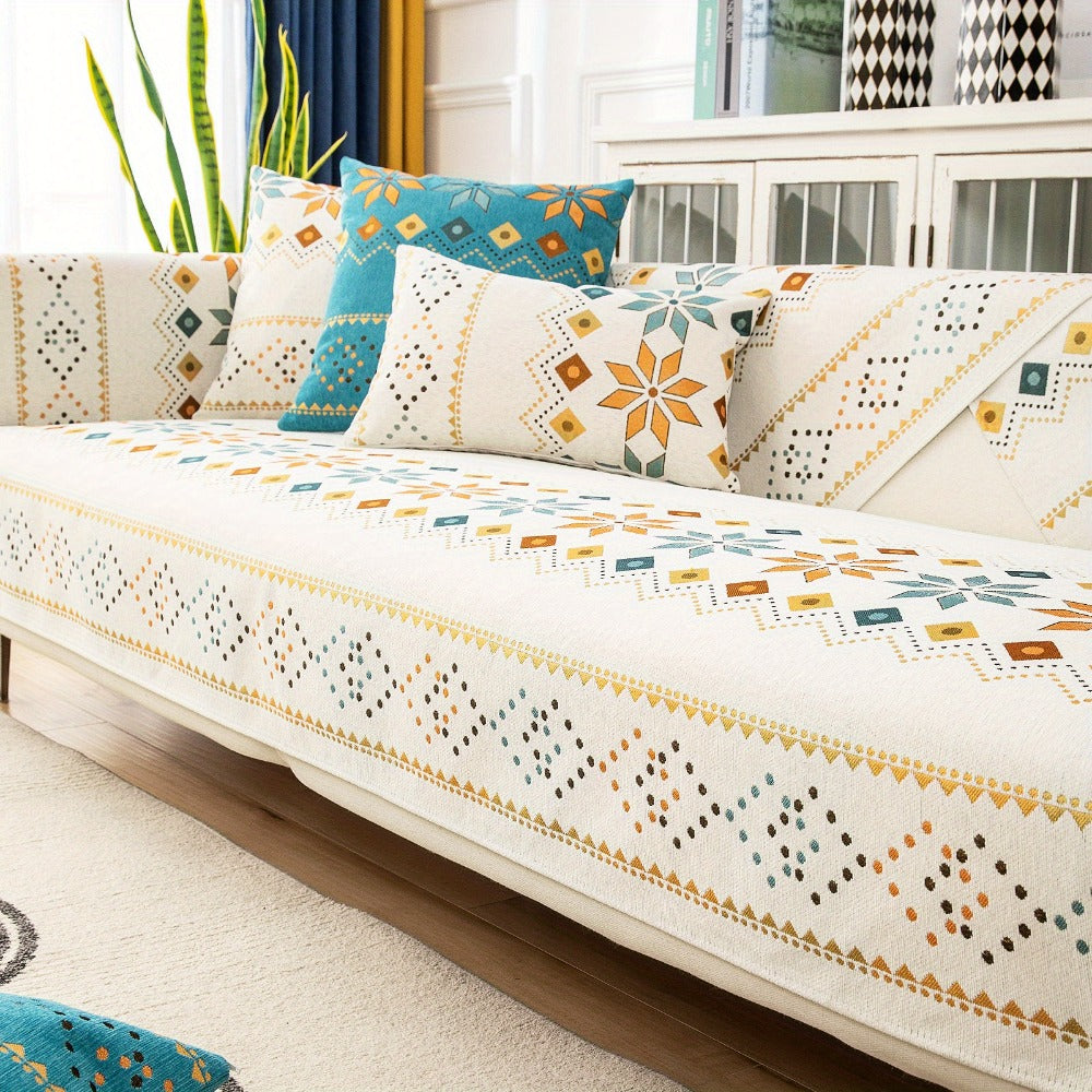 Bohemian Chenille Sofa Cover | Geometric Print Non-Slip Couch Slipcover, Thick Plush Boho Style, 1 to 4 Seat, Armrest & Backrest, Machine Washable, Sectional Sofa Protector
