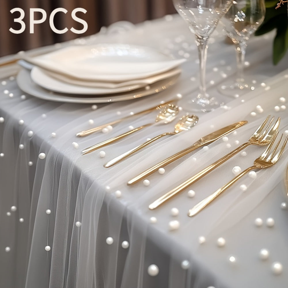 White Pearl Beaded Tulle Table Runner 2.5¡Á9.8ft | Wedding Ceremony Backdrop, Birthday Party & Valentine's Day Romantic Decor, Sheer Mesh Fabric 3PCS