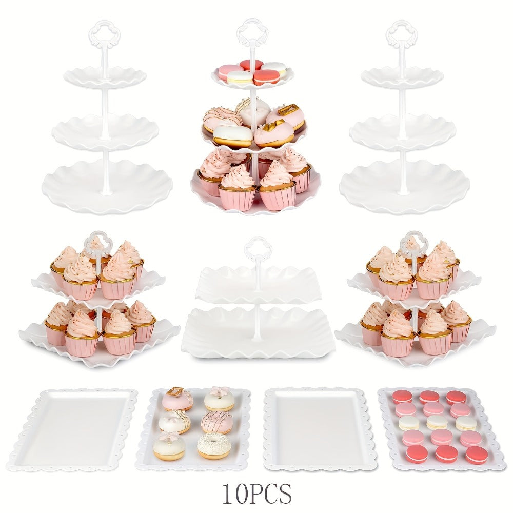 Tiered Cupcake Stand Set 10pcs - 3 Double Layer & 3 Triple Layer Dessert Stands + 4 Appetizer Trays for Birthday Wedding Party