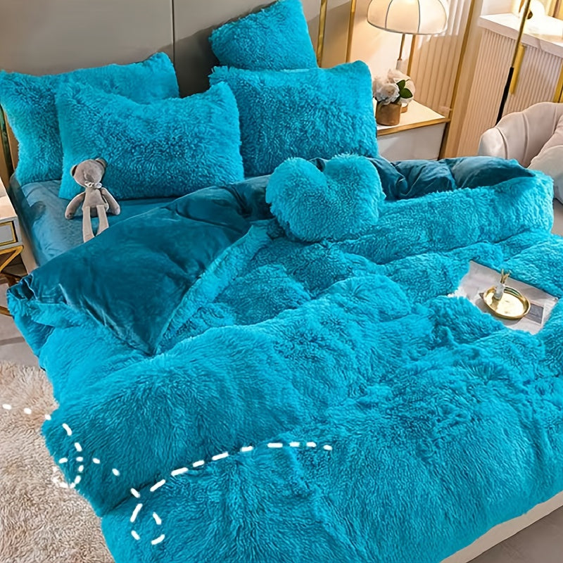 Fluffy Bedding Set 4pcs Soft Warm Plush Duvet Cover with Pillowcases Queen King - Cozy Autumn Winter Comforter Set 8 Colors