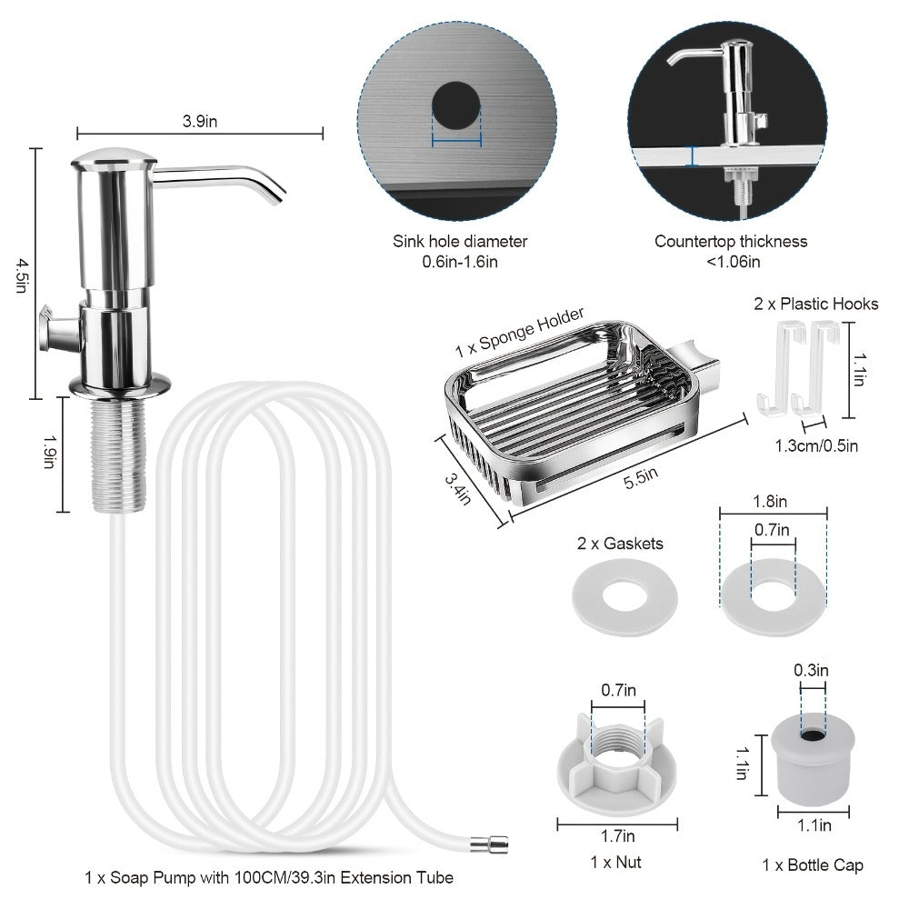 Kitchen Soap Dispenser Set with Sponge Holder & 39¡± Extension Tube, 360¡ã Rotating Pump, No-Drill DIY Install for Kitchen Sink Bathroom Counter & Laundry Room, Fits 24-40mm Countertop Holes