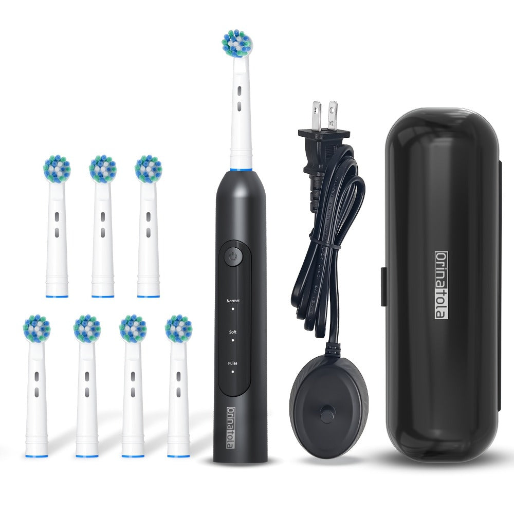 Rotating Electric Toothbrush with 8 Replacement Heads ¨C Wireless Induction Charging, 3 Cleaning Modes, IPX7 Waterproof, Oral Care Gift for Family, Friends & Parents ¨C Blue, Purple, Black