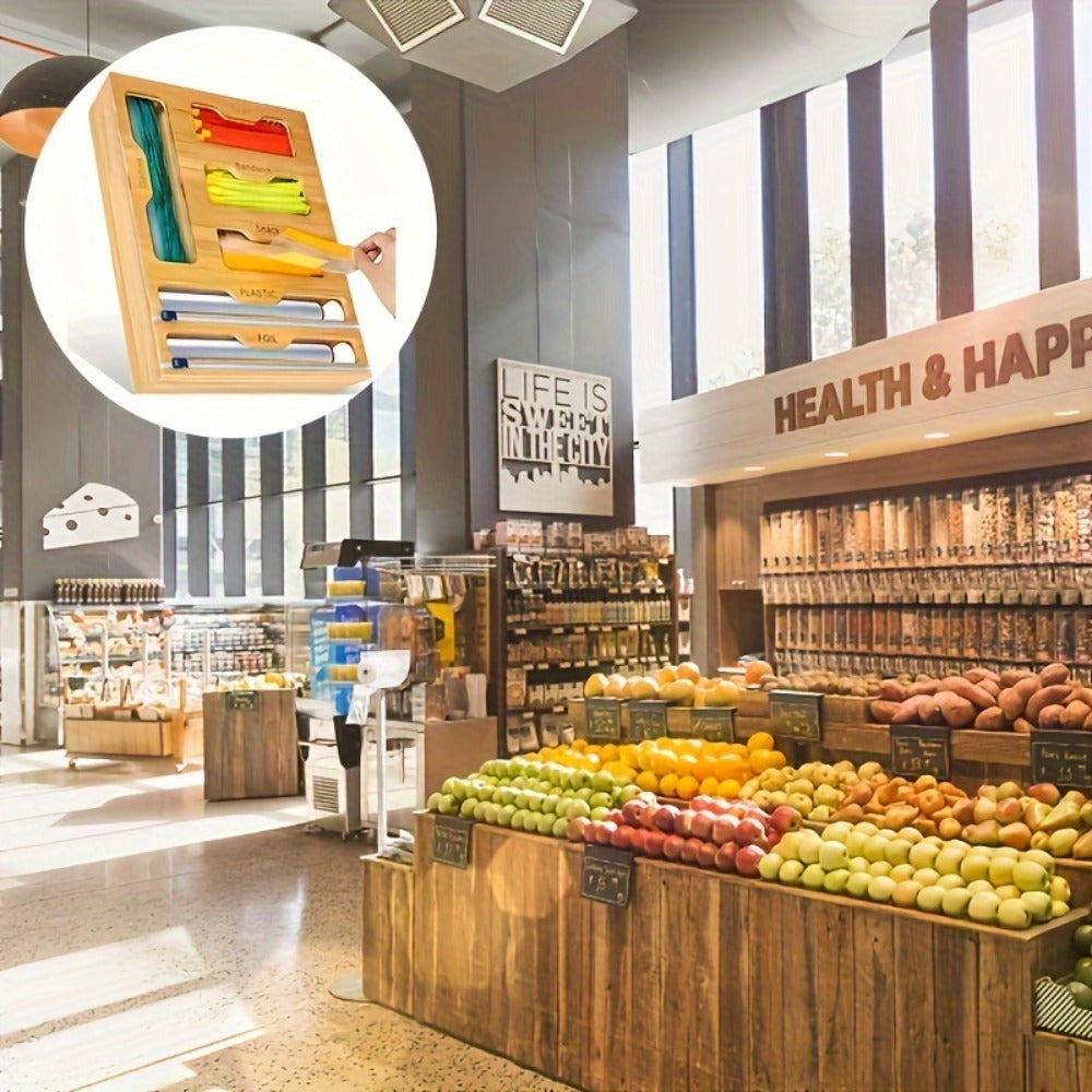 Bamboo Ziplock Bag Organizer Box for Kitchen Drawer - Adjustable Dividers, Compatible with Gallon Quart Sandwich Snack Bags, Space-Saving Fresh-Keeping Storage, Easy to Clean, Durable