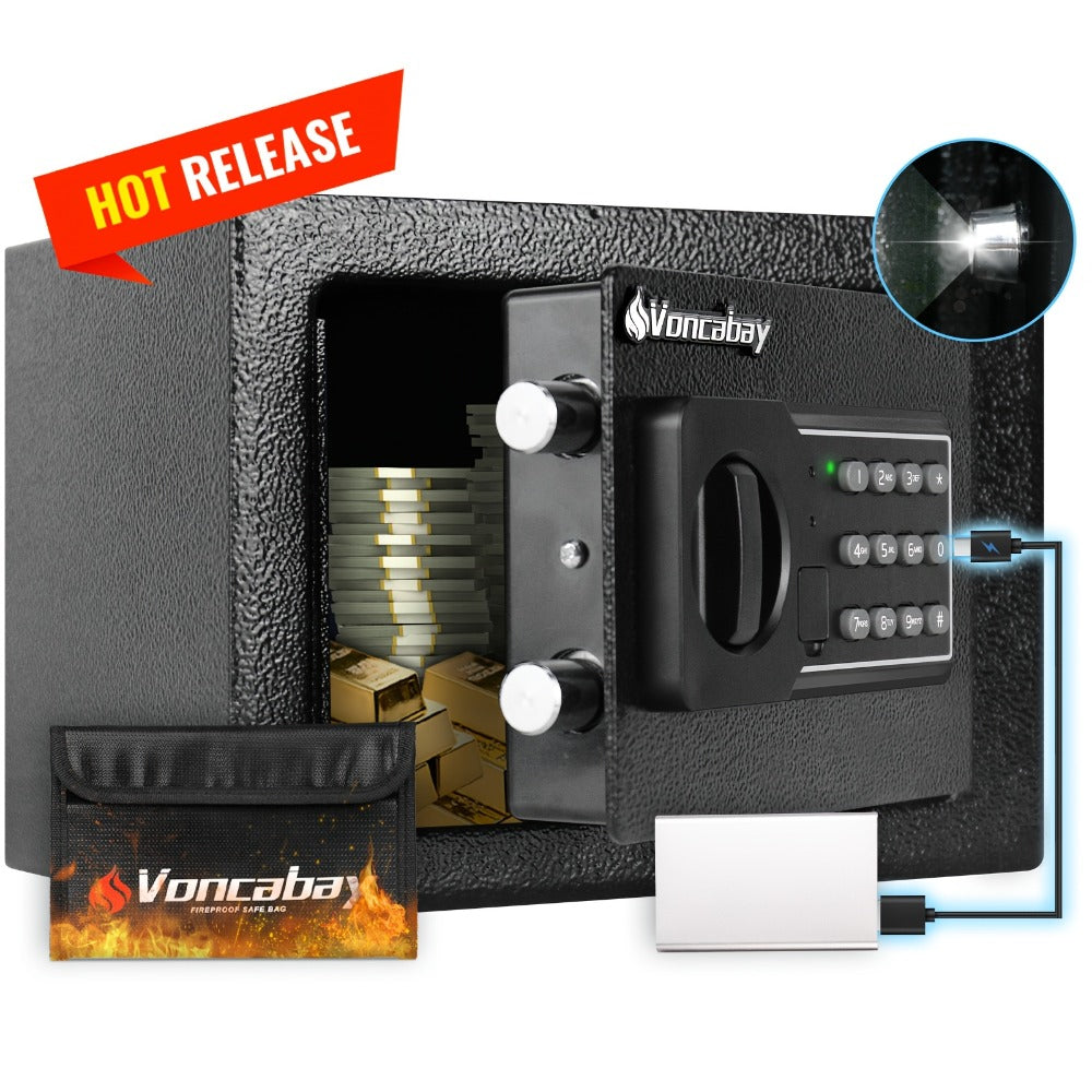 Home Security Safe Box with Sensor Light & Fireproof Bag ¨C Digital Keypad Lock Box with Backup Keys for Cash, Jewelry & Valuables ¨C Wall, Floor & Closet Mountable Safe (Multiple Sizes & Colors)