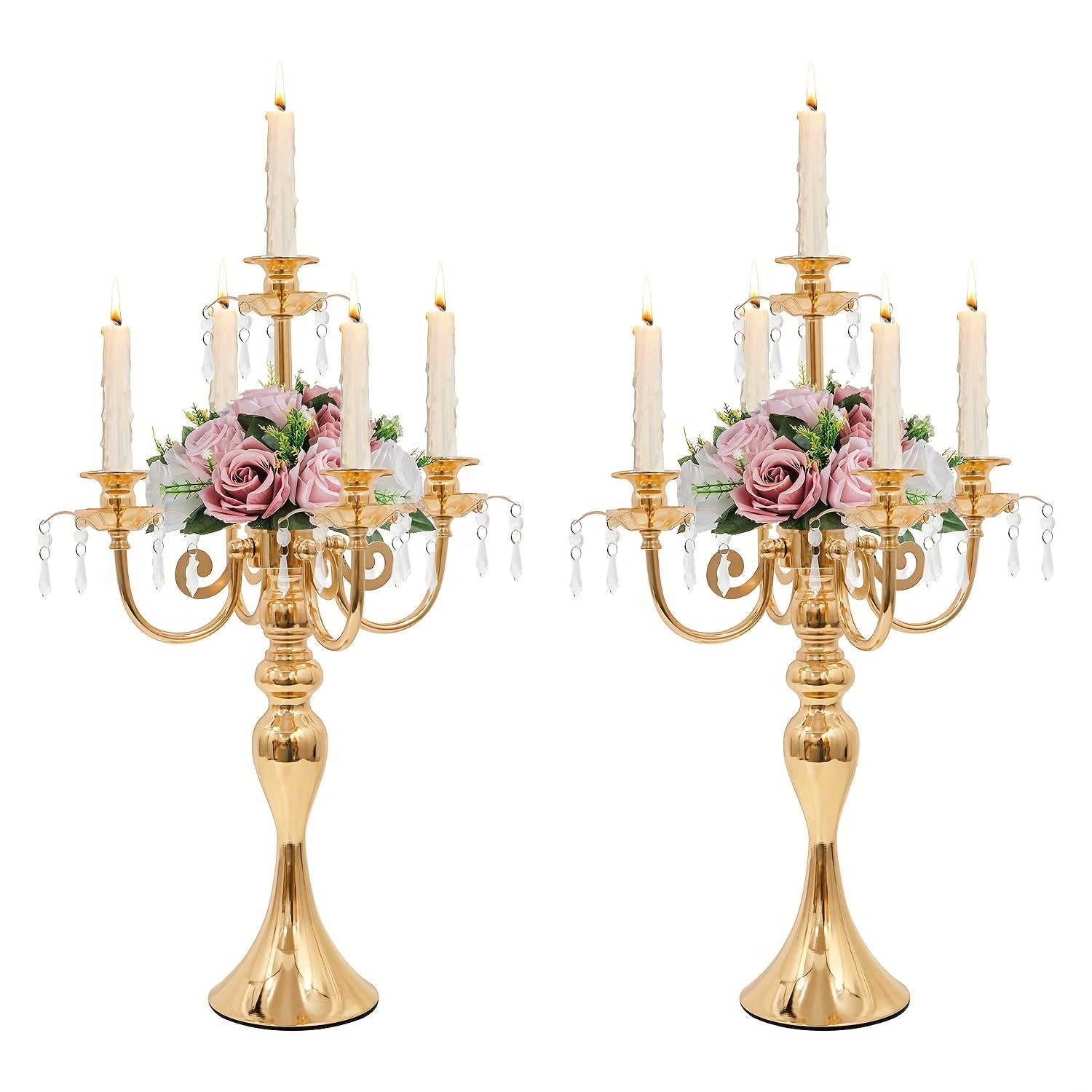 Metal Candelabra Centerpiece 2 Pack ¨C 5-Arm Golden Taper Candle Holder Stand 20.3¡± Tall for Wedding Table Decor, Party, Church, Dining Room, Christmas & Halloween Vintage Event Decoration