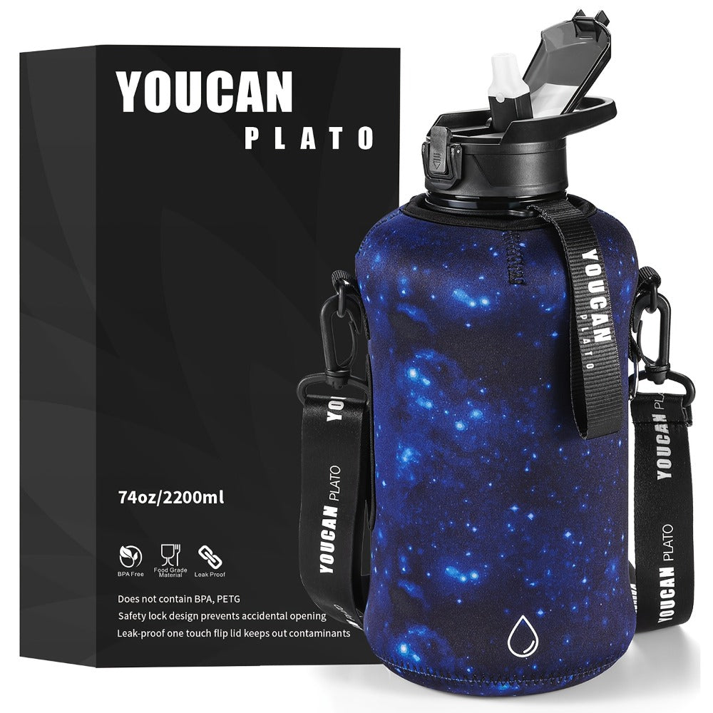 74oz Half Gallon Water Bottle with Straw & Handle ¨C Large BPA-Free Leakproof Gym Water Jug with Sleeve & Bottle Brush, Dishwasher Safe Workout Hydration Bottle ¨C Pink & Star Color