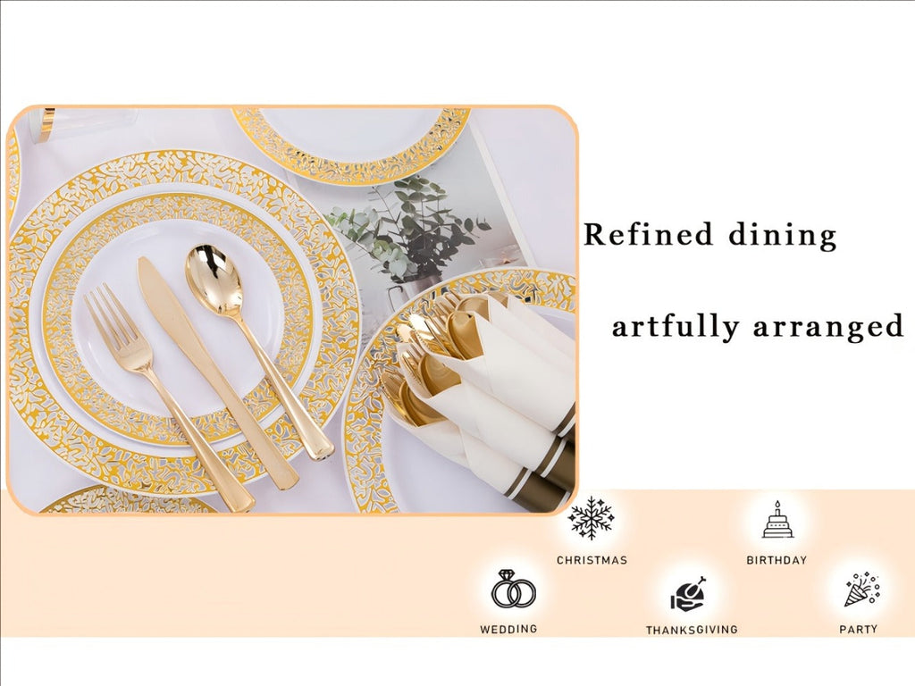 Gold Disposable Dinnerware Set for 50 Guests 350pcs ¨C Includes Dinner Plates, Dessert Plates, 9oz Cups with Gold Rim, Pre-Rolled Napkins & Gold Cutlery | Perfect for Wedding, Party & Holiday Celebration